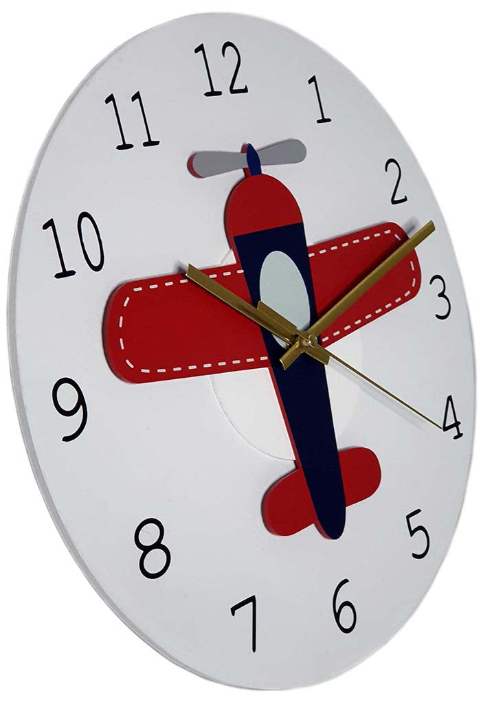 Wit-White-Wandklok-Wall-clocks-Rood-Red-vliegtuig-airplane