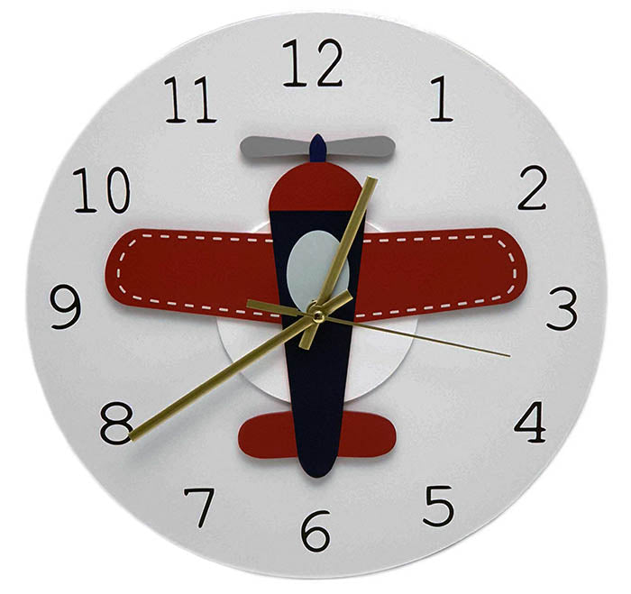 Wit-White-Wandklok-Wall-clocks-Rood-Red-vliegtuig-airplane